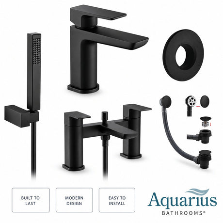 Aquarius Bathrooms Bath Shower Mixer Matt Black Aquarius Hydro Complete Bath Brassware Pack with Basin Mixer, Bath and Shower Mixer