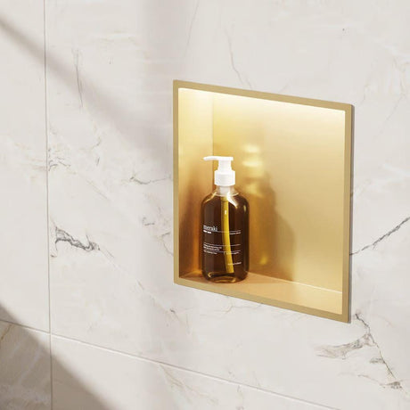 Crosswater Shower Niche Brushed Brass Crosswater Square Shower Niche with LED - 305 x 305 x 80mm for Stud Walls