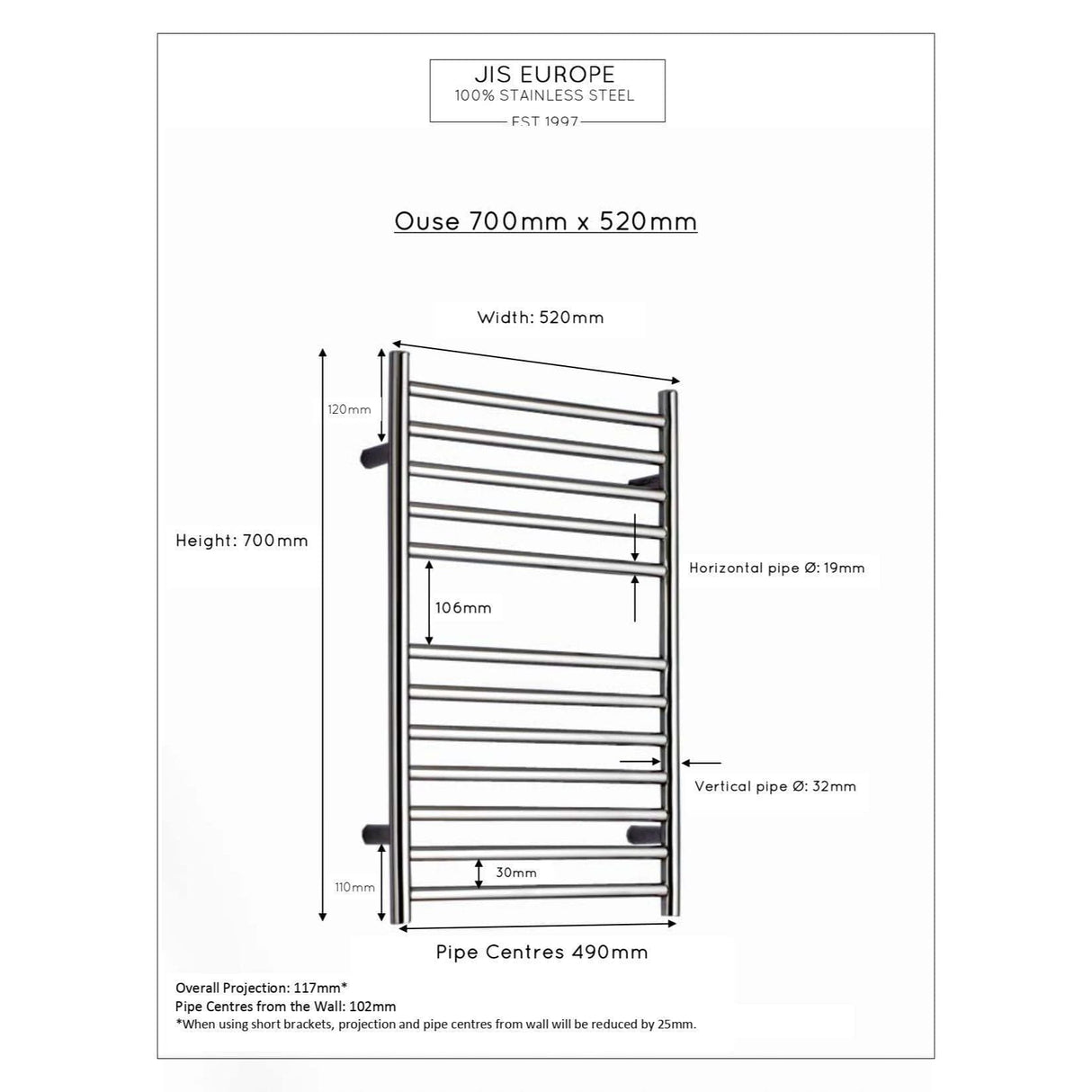 JIS Ladder Rail JIS Sussex Ouse Vertical Stainless Steel Heated Towel Rail