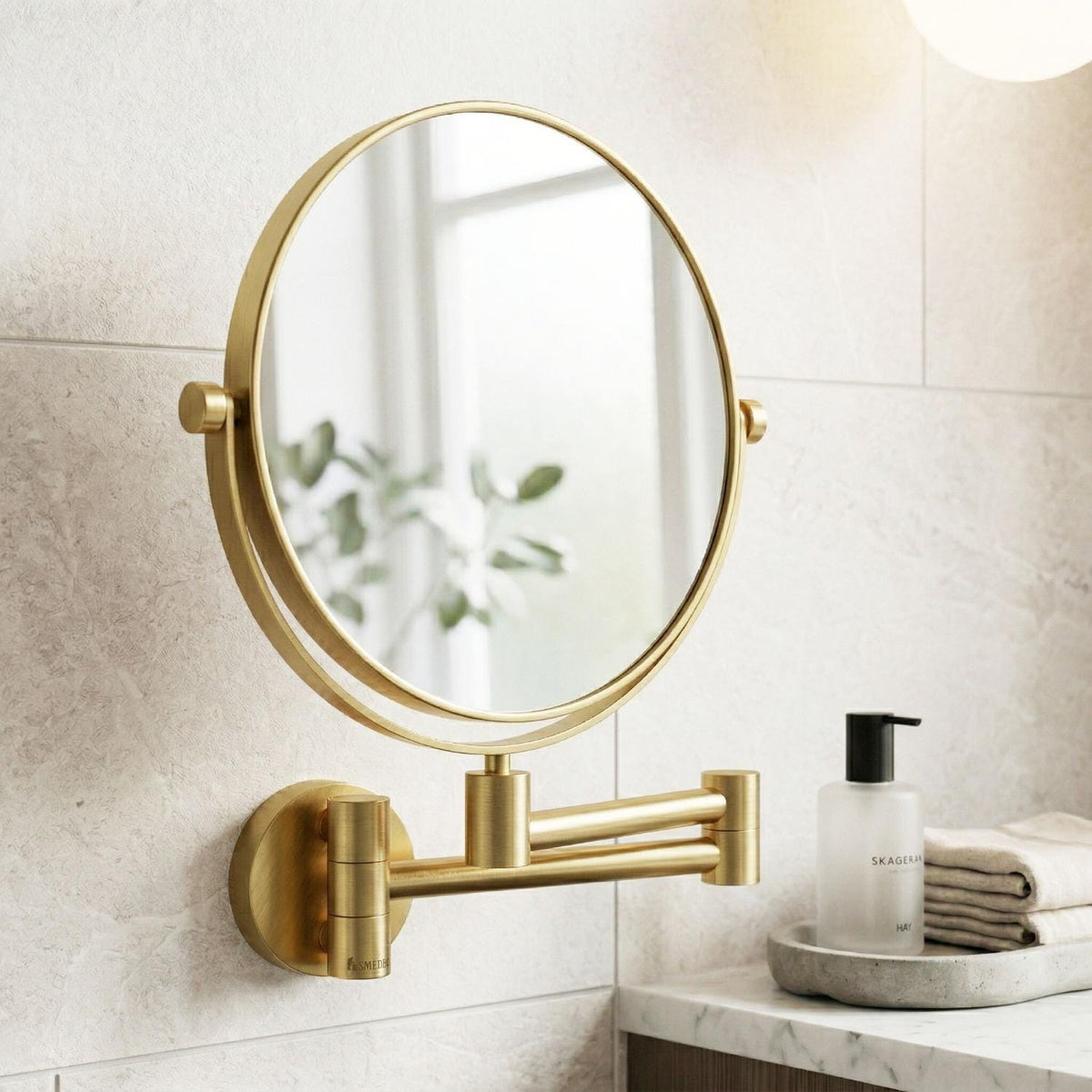 Smedbo Cosmetic and Shaving Mirror Brushed Brass Smedbo Outline Round Extendable Magnified Mirror