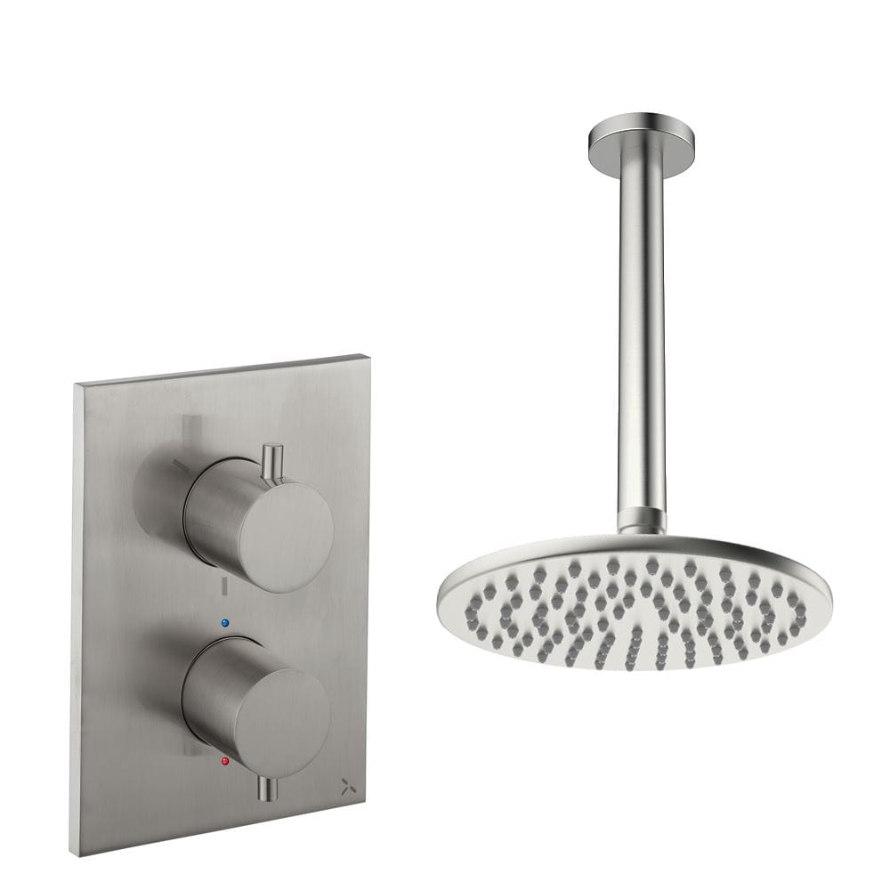 UK Bathroom Store Concealed Shower Set Brushed Nickel / Ceiling Arm / 200mm Crosswater Crossbox Shower Set 1 - 1 Outlet with Fixed Overhead Shower
