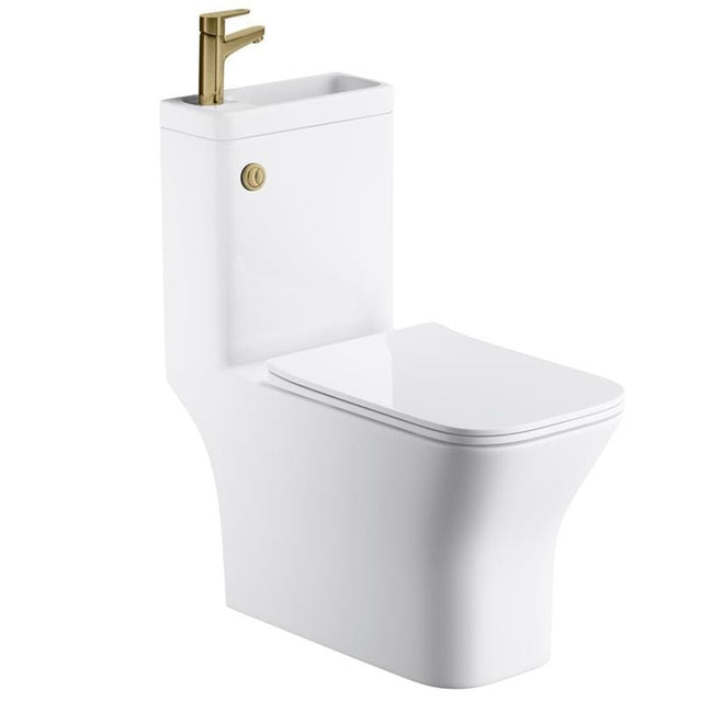 Aquarius Bathrooms Combination Toilet and Sink Aquarius SpaceSaver All-in-One Square Toilet and Basin Unit with Brushed Brass Tap and Waste