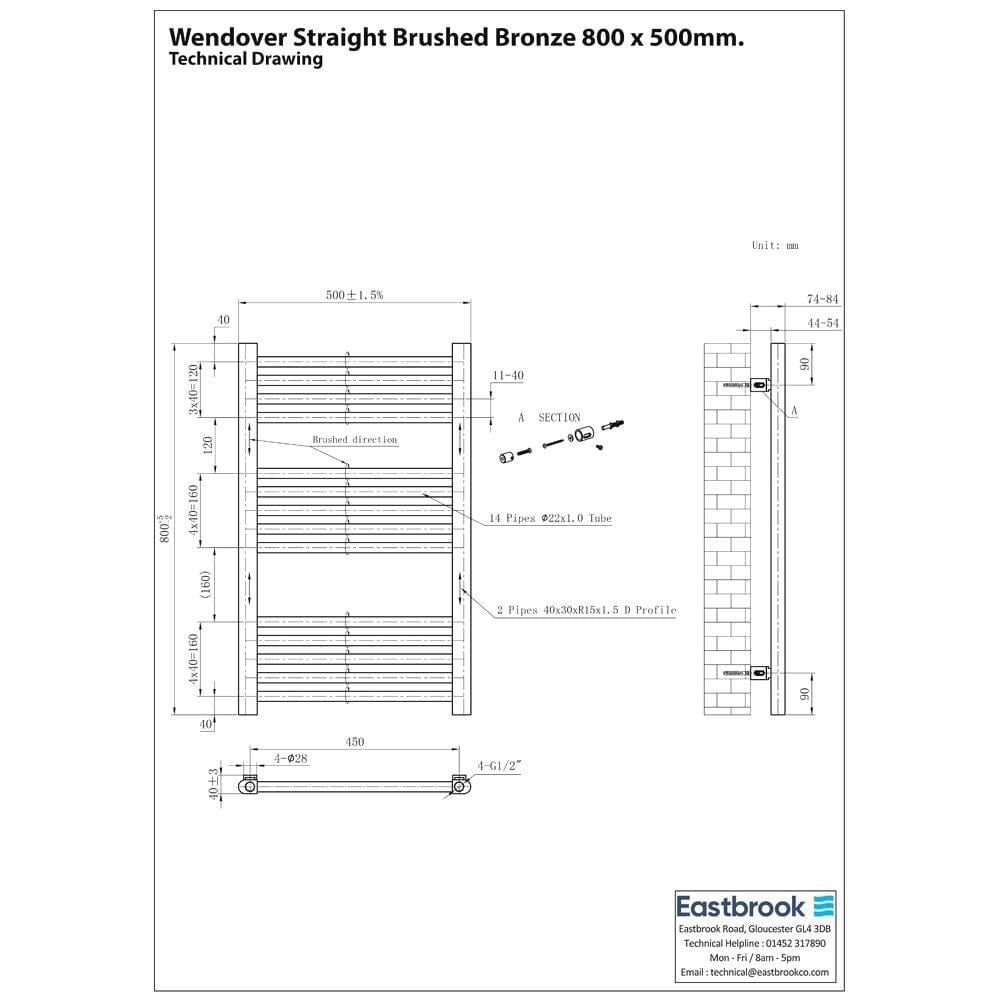 Eastbrook Ladder Rail Eastbrook Wendover Straight Heated Towel Rail in Brushed Gunmetal