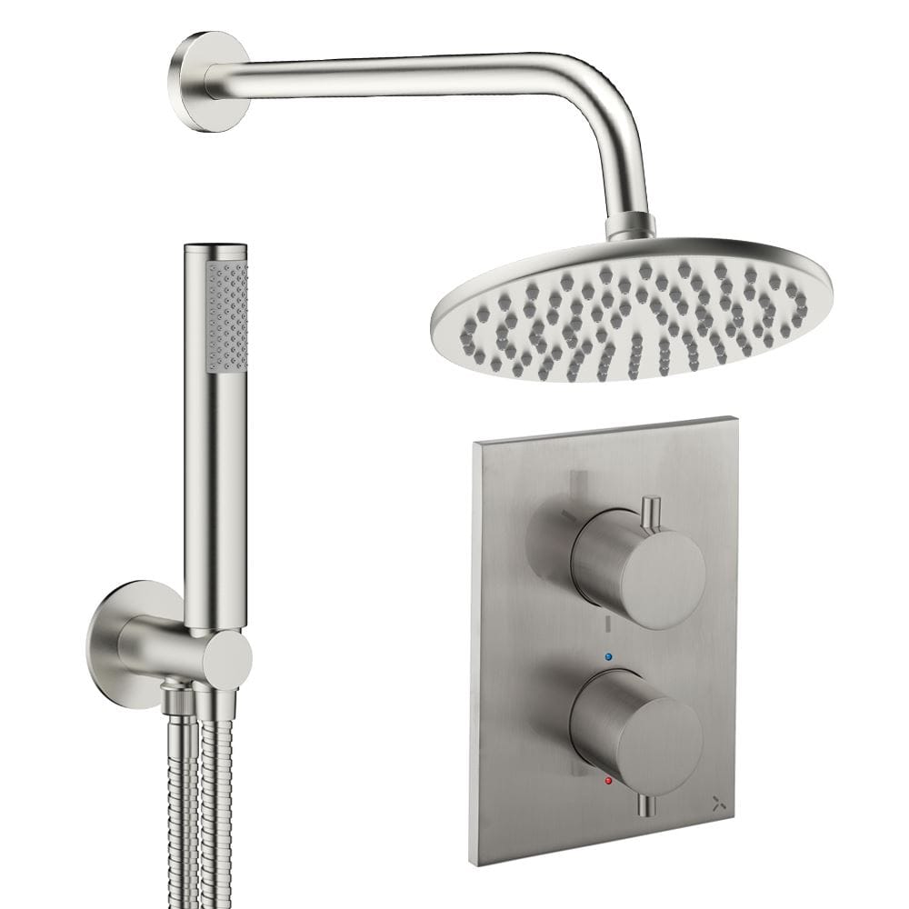UK Bathroom Store Concealed Shower Set Brushed Nickel / Wall Arm / 300mm Crosswater Crossbox Shower Set 3 - 2 Outlet with Pencil Handset and Fixed Overhead Shower