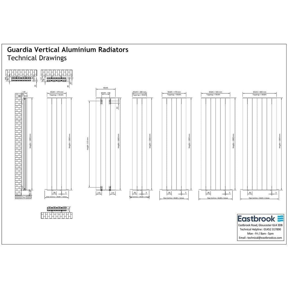 Eastbrook Panel Radiator Eastbrook Guardia Straight Vertical Aluminium Radiator in Matt Black