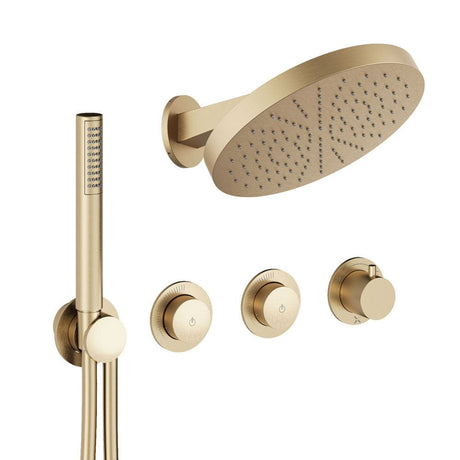UK Bathroom Store Concealed Shower Set Brushed Brass Crosswater Module Plus Push Shower Set 2 - 2 Outlet with Revive Steel Overhead and Pencil Handset