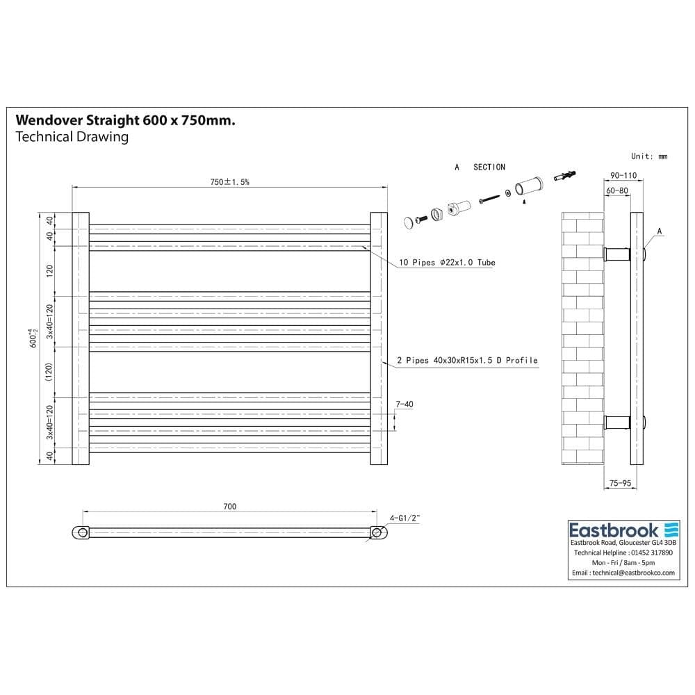 Eastbrook Ladder Rail Eastbrook Wendover Straight Heated Towel Rail in Chrome