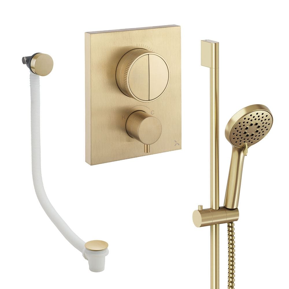 UK Bathroom Store Concealed Shower Set Brushed Brass Crosswater Crossbox Push Shower Set 4 - 2 Outlet with Slide Rail Kit and Overflow Bath Filler Waste