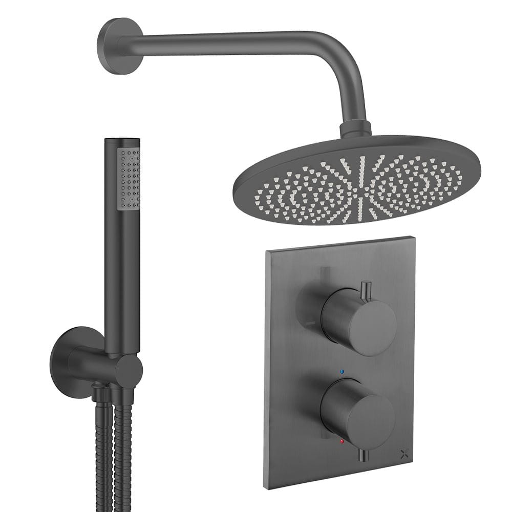 UK Bathroom Store Concealed Shower Set Slate / Wall Arm / 300mm Crosswater Crossbox Shower Set 3 - 2 Outlet with Pencil Handset and Fixed Overhead Shower
