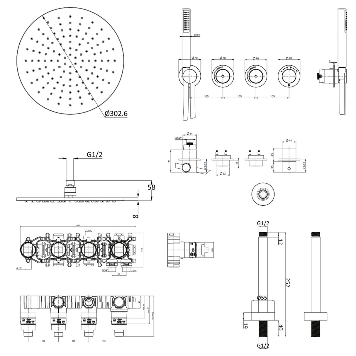 UK Bathroom Store Concealed Shower Set Crosswater Module Shower Set 8 - 2 Outlet with Pencil Handset and Overhead Shower