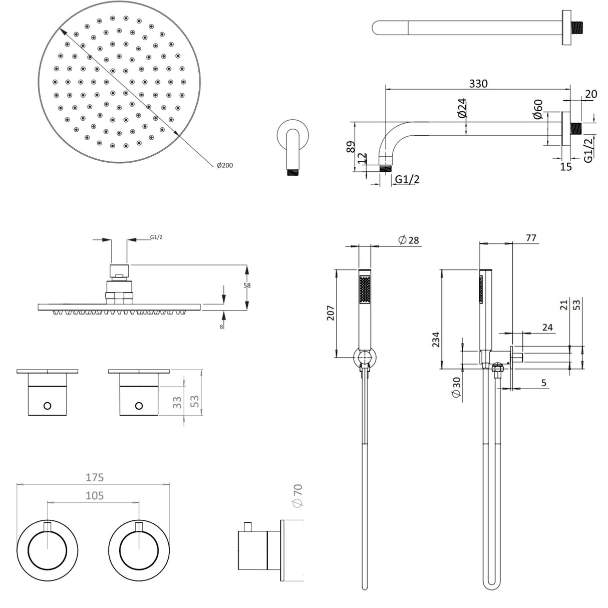 UK Bathroom Store Concealed Shower Set Crosswater Module Shower Set 1 with Fixed Head and Pencil Handset