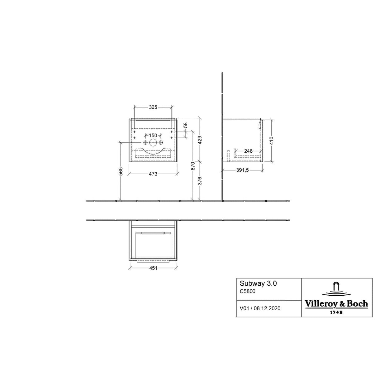 Villeroy & Boch Wall Mounted Vanity Unit Villeroy & Boch Subway 3.0 Wall Hung 500mm One Drawer Vanity Unit with Basin