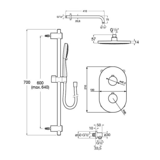 Roca Concealed Shower Set Roca Splash-T Thermostatic Concealed Shower Valve with Rainshower Head, Shower Handset and Slide Rail Set