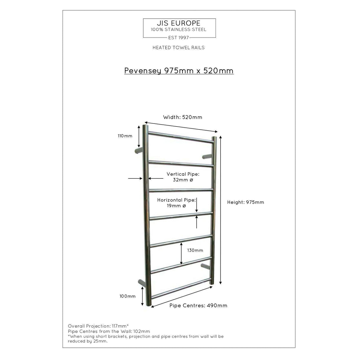 JIS Ladder Rail JIS Sussex Pevensey Vertical Stainless Steel Heated Towel Rail