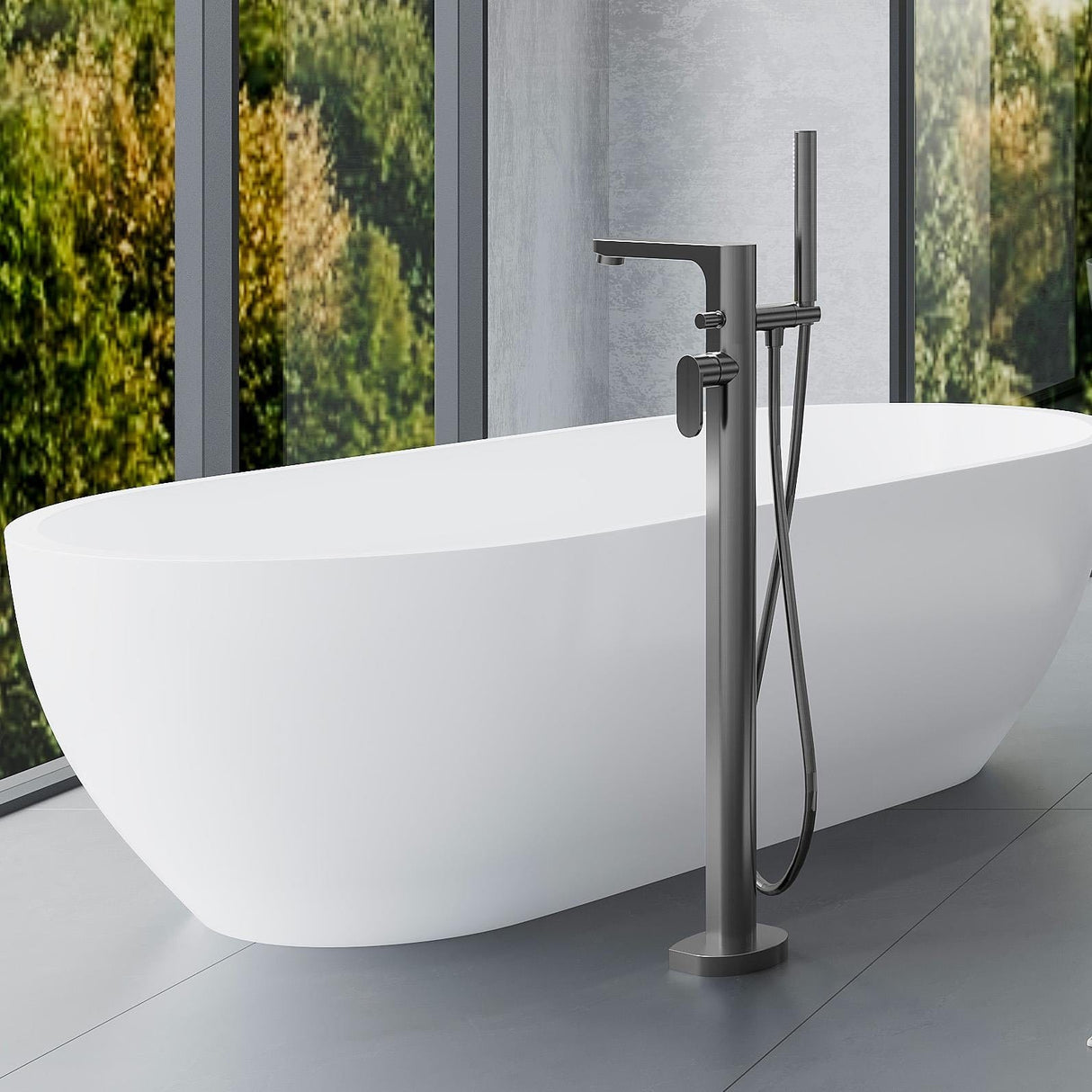 Flora Bath Mixer Gun Metal Flova Smart Floor Standing Bath Shower Mixer with Shower Set