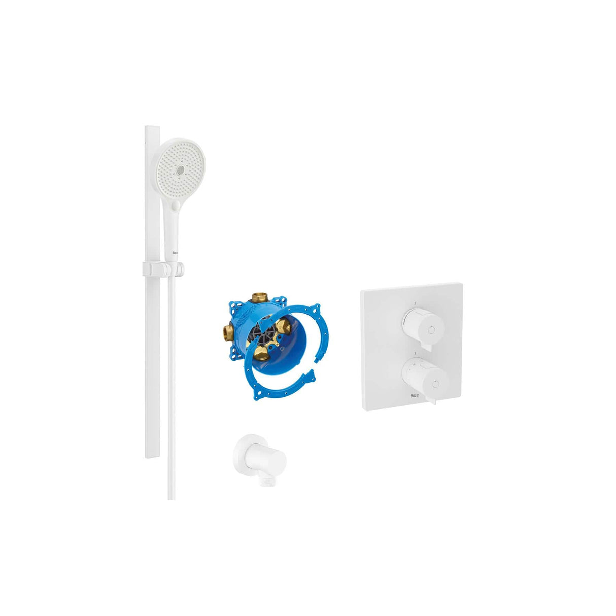 Roca Concealed Shower Set Matt White Roca T-500 Square Thermostatic Concealed Shower Valve with Shower Handset and Slide Rail Set