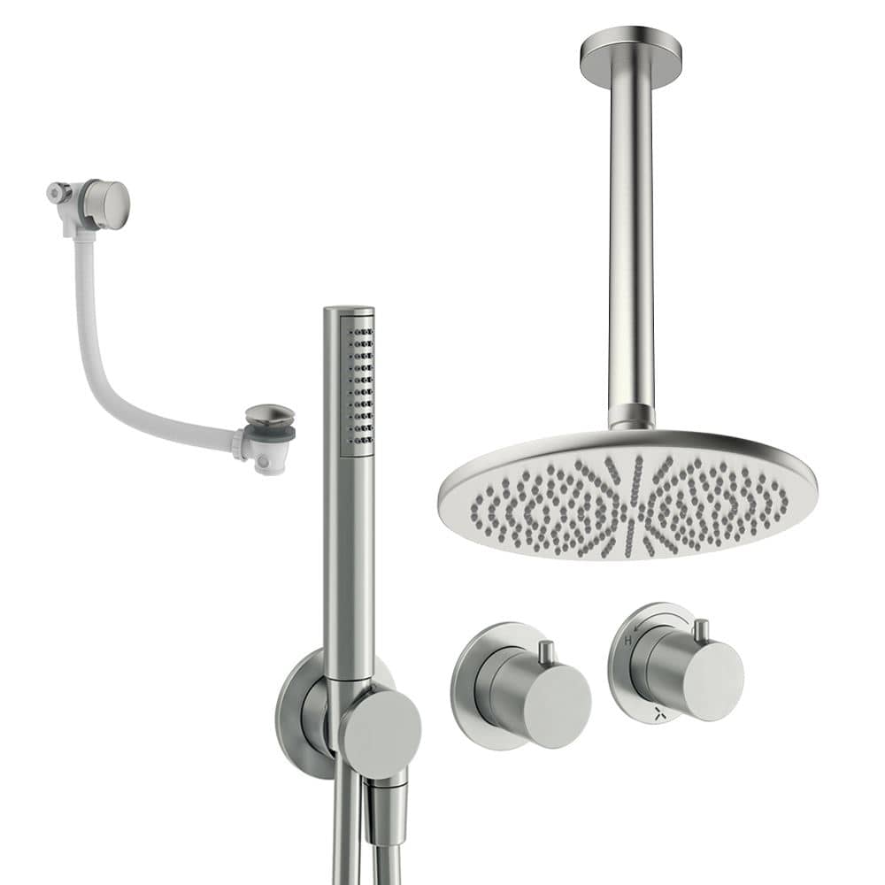 UK Bathroom Store Concealed Shower Set Brushed Nickel / Ceiling Arm / 300mm Crosswater Module Shower Set 9 - 3 Outlet with Pencil Handset, Overhead Shower and Overflow Filler