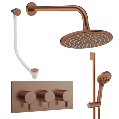 Crosswater Concealed Shower Set Brushed Bronze / Wall Arm / 200mm Crosswater Design 3 Handle 3 Outlet Shower Set 9 with Slide Rail Kit, Rainfall Head and Overflow Bath Filler