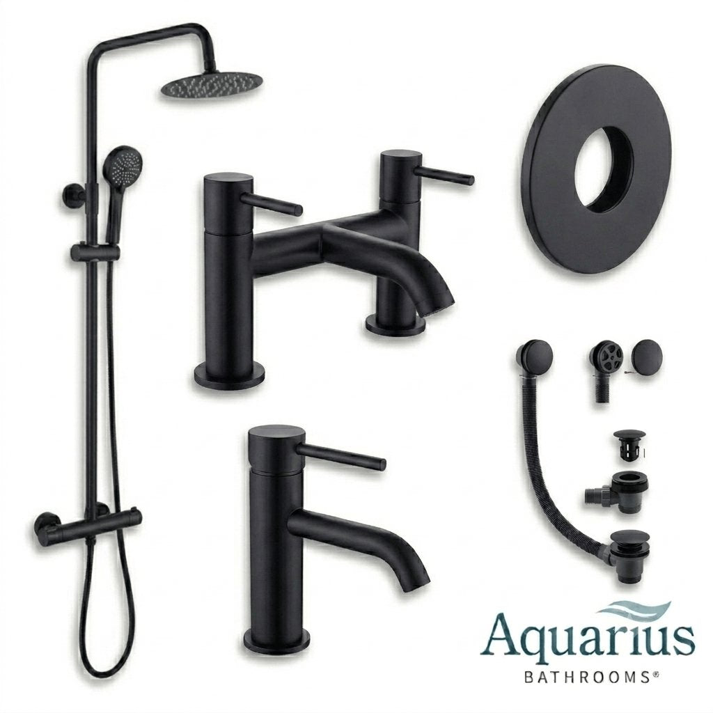 Aquarius Bathrooms Exposed Shower Set Matt Black Aquarius RF-Series Complete Shower Brassware Pack with Basin Mixer, Bath Mixer & Exposed Shower