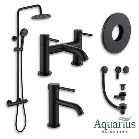 Aquarius Bathrooms Exposed Shower Set Matt Black Aquarius RF-Series Complete Shower Brassware Pack with Basin Mixer, Bath Mixer & Exposed Shower
