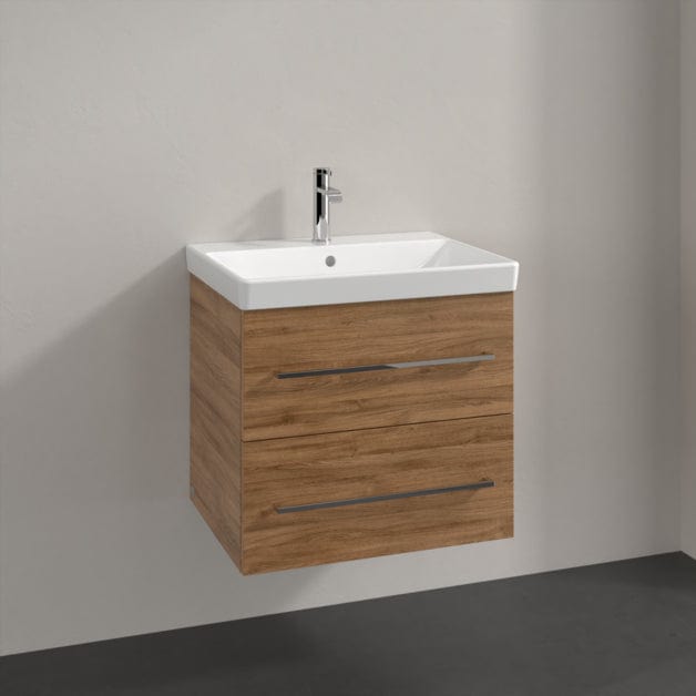Villeroy & Boch Wall Mounted Vanity Unit Oak Kansas with Chrome Handles Villeroy & Boch Avento Wall Hung Vanity Unit 580mm Two Drawers with Basin