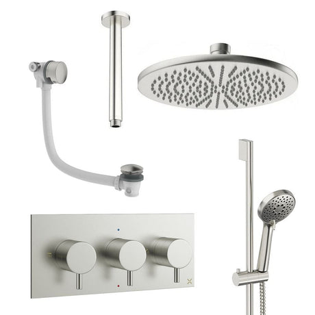 Crosswater Concealed Shower Set Brushed Nickel / Ceiling Arm / 300mm Crosswater Design 3 Handle 3 Outlet Shower Set 9 with Slide Rail Kit, Rainfall Head and Overflow Bath Filler