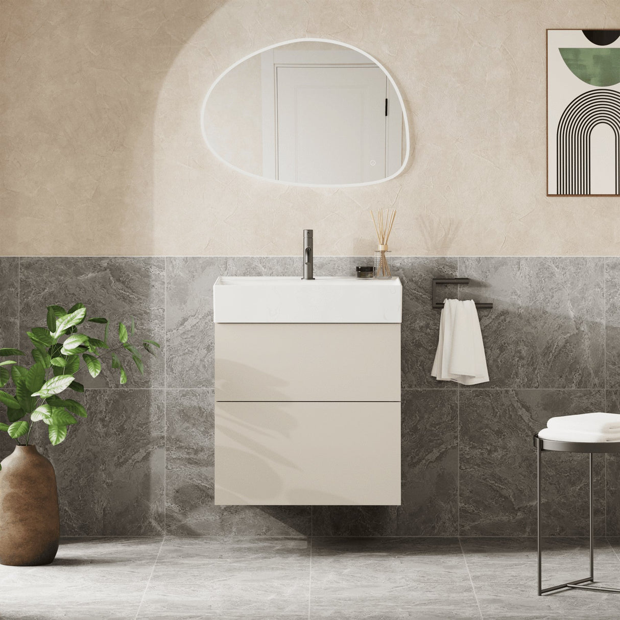 Crosswater Wall Mounted Vanity Unit Warm Stone / 1 Hole Crosswater Avenue Vanity Unit with Basin - 600mm - Two Drawer - Wall Mounted