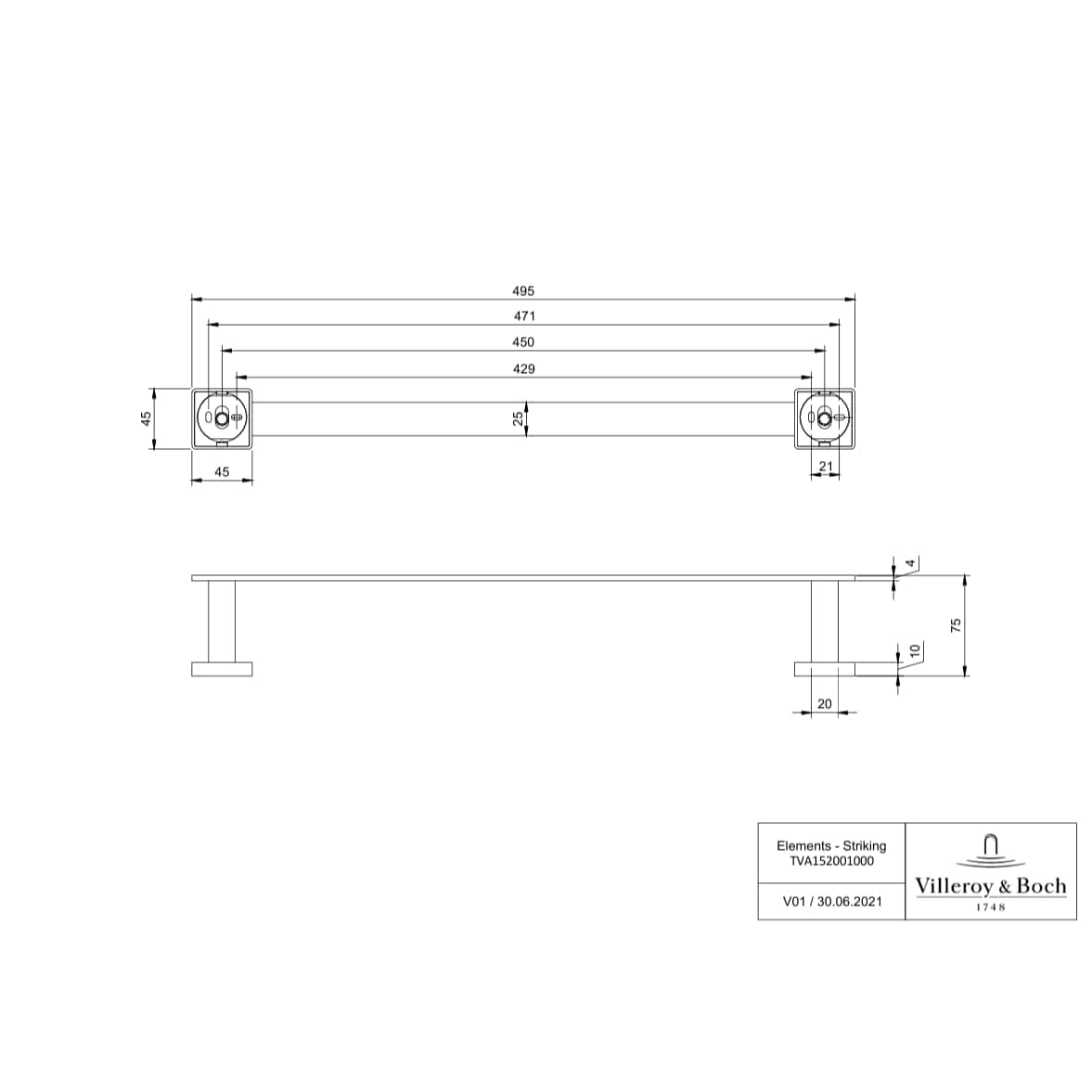 Vileroy & Boch Towel Rails and Rings Villeroy & Boch Elements Striking Towel Bar 495mm