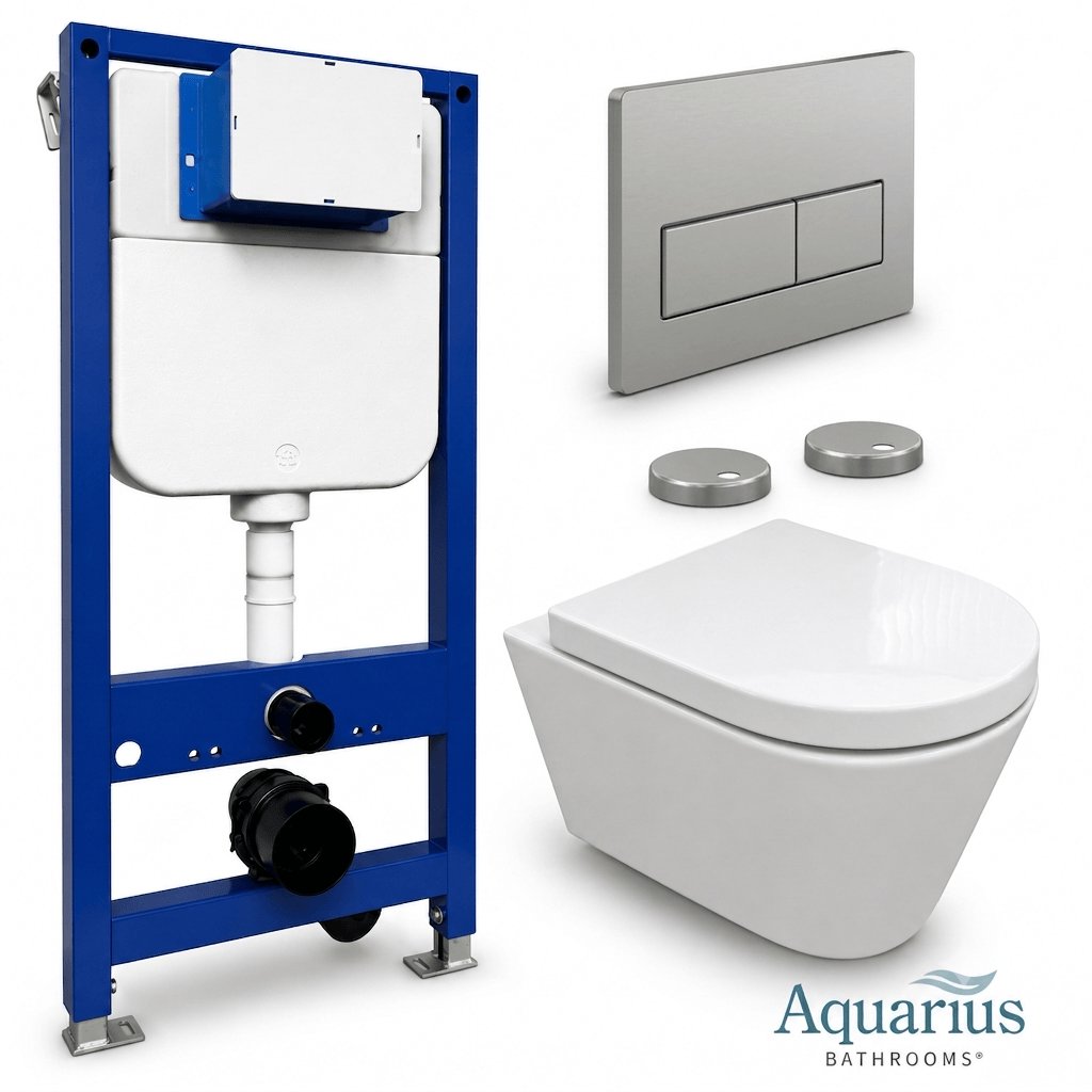 Aquarius Bathrooms Wall Hung Toilet Chrome / Square Aquarius Urbano Rimless Wall Hung Toilet Pack with Frame, Flush Plate, Soft Closing Seat and Hinge Covers