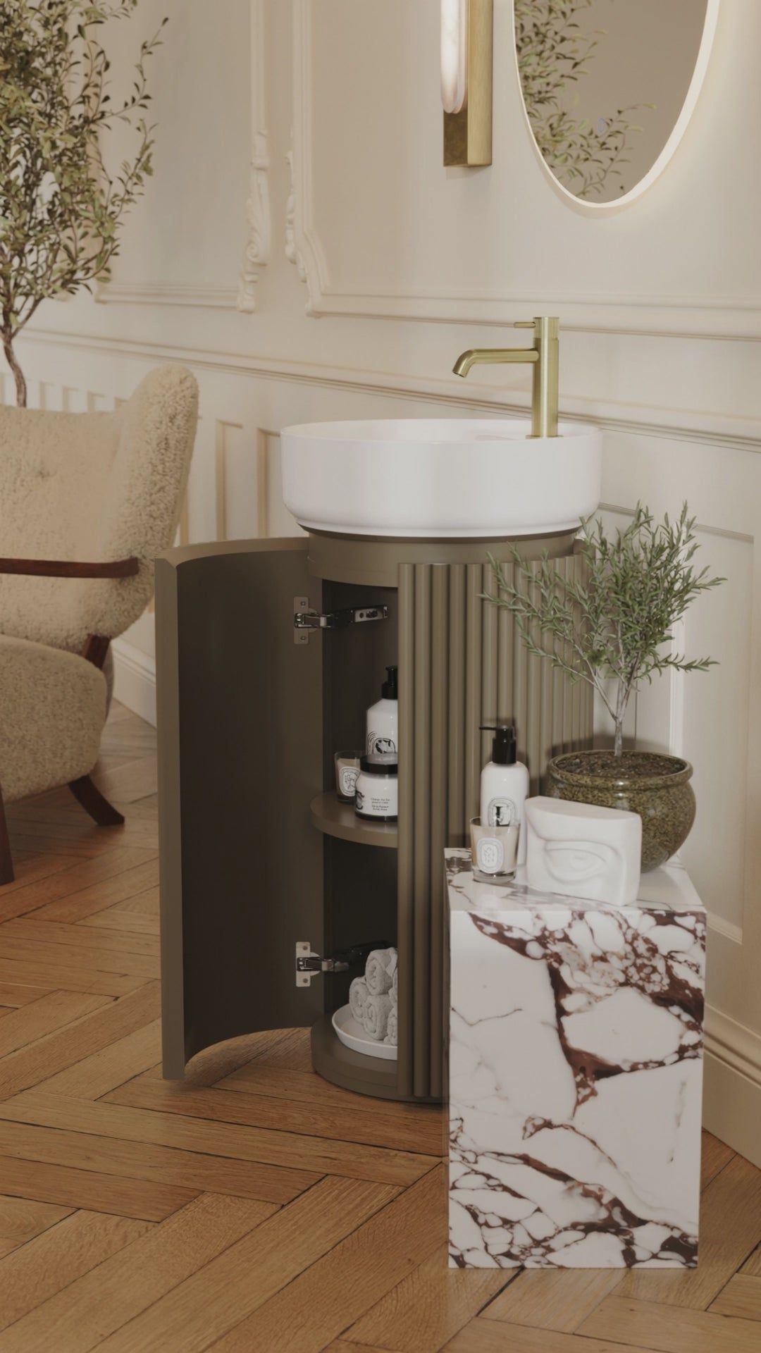 Saneux Oxford 400mm Floor Standing Round Fluted Vanity Unit with Basin